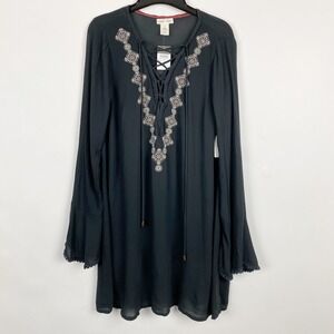 Clover + Scout rue21‎ Boho Embroidered Lace Up Bell Sleeve Dress Womens M NWT